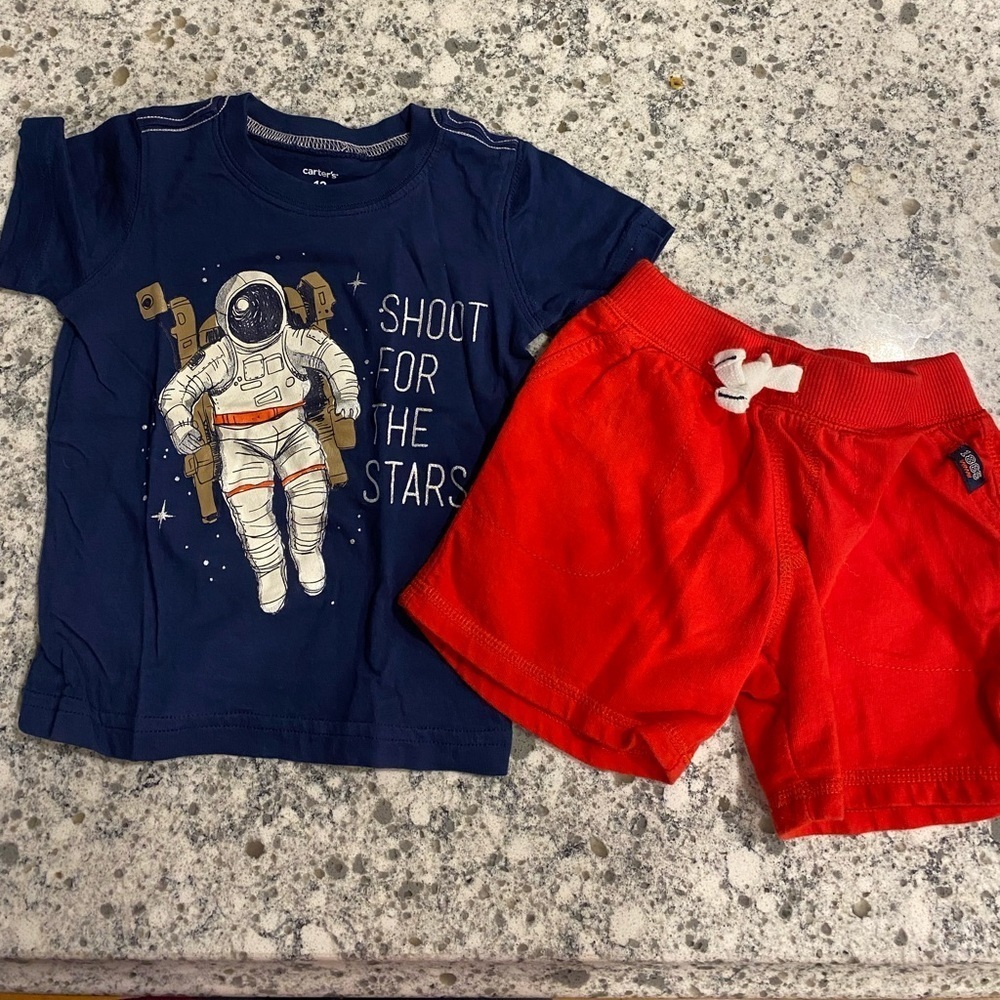 Carters infant boys navy red shorts set space theme 12 month size